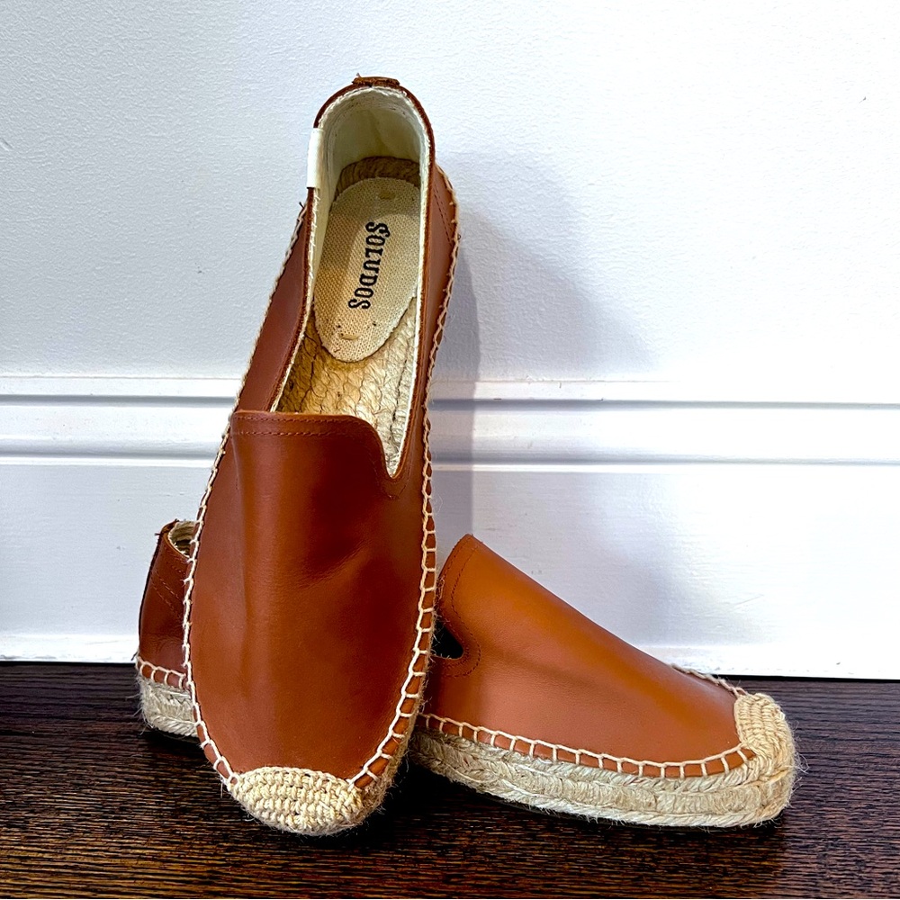 New Soludos Women's Tan Leather Slip On Platform Espadrille Flats Size 8